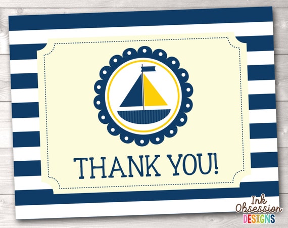 Printable Thank You Card Design - Yellow and Navy Blue Sailboat and Stripes INSTANT DOWNLOAD Il_570xn