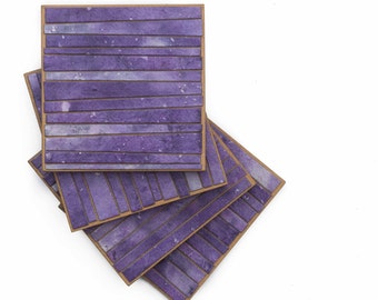 Mosaic Stripe Coasters Handmade Paper Variegated Purple Design Set of 4 Wood Coasters Purple Mosaic Functional Art
