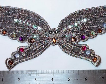 SE-103 Silver Butterfly Applique with Sequins and Rhinestones