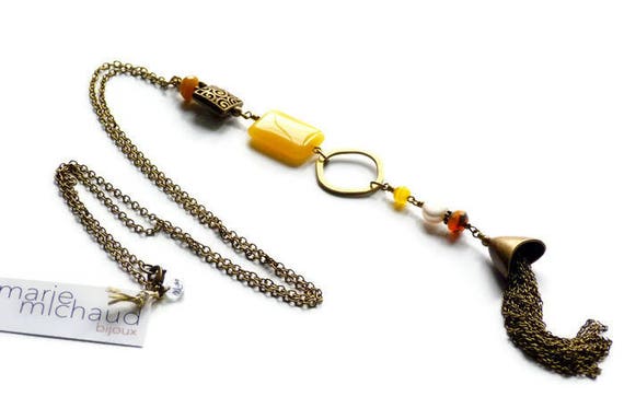 Yellow necklace,Boho chic necklace,Tassel necklace,Hippie chic necklace,Boho style necklace,Boho jewelry,Red and pink,Yellow jewelry,Yellow