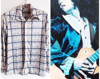 1970s blue grid print blouse/ 70s color block retro shirt/ 70s band rock shirt