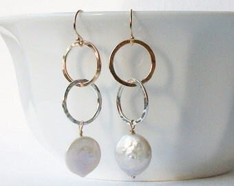 Coin Pearl Silver and Gold Circle Earrings, Long Dangle Earrings Silver Drop Earrings