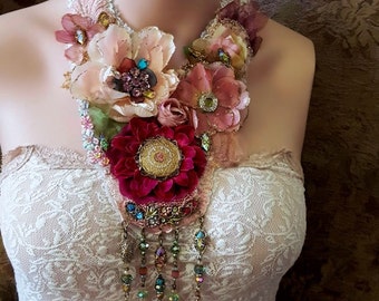 Ophelia's Flowers, fabric flower necklace, Boho statement necklace, festival wear, bead embroidery textile jewelry, romantic necklace, lace