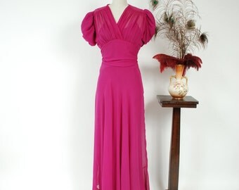 Vintage 1930s Dress - Spring 2017 Lookbook - The Crysoberyl Gown - Sheer Fuchsua Silk Chiffon 30s Gown with Matching Low Backed Slip