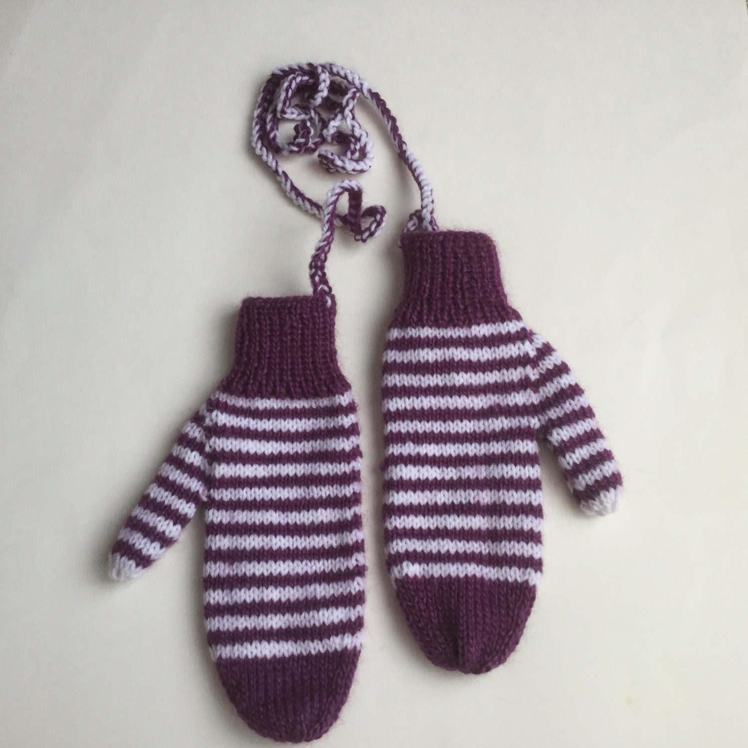 Adult Purple and White Striped Mittens on a string/cord.