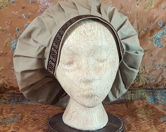 Beige Muffin Cap With Embroidered Jacquard Trim, Renaissance Costume, Floppy Hat, Mob Cap, Medieval Caul