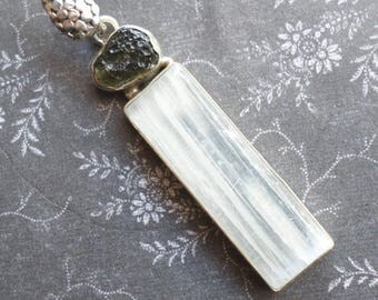 Moldavite Pendant Selenite Pendant Sterling Silver - RARE Impactite - Wicca Pagan Witchcraft New Awakenings