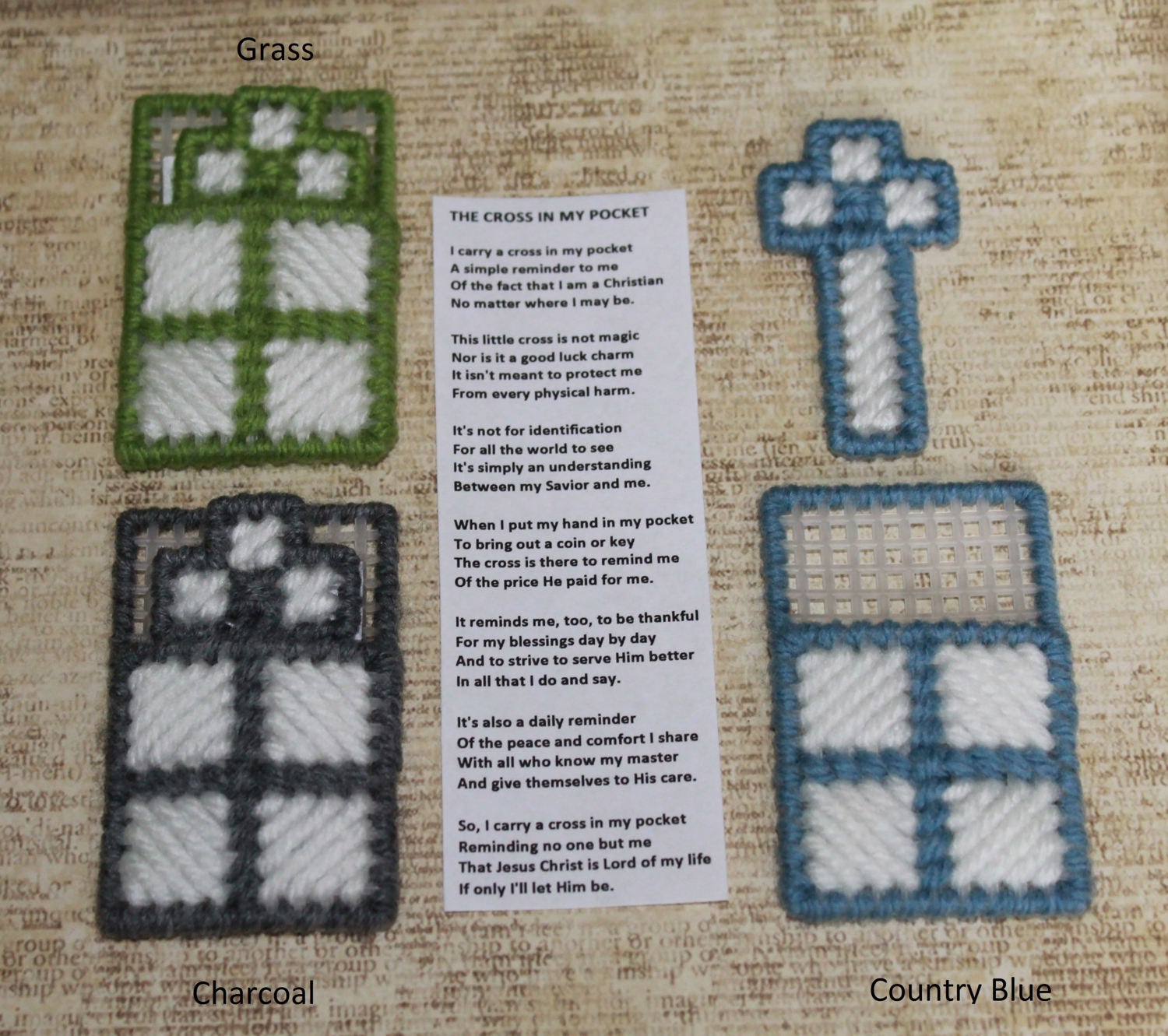 A Cross in My Pocket plastic canvas blue pink purple red