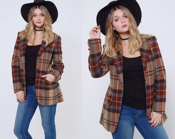 Vintage 70s PLAID Blazer Earth Tone WOOL Jacket Fitted Blazer