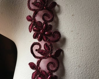 Burgundy Gold Beaded Lace Trim for Lyrical Dance, Bridal, Sashes, Veils, Costumes BL 4037BG
