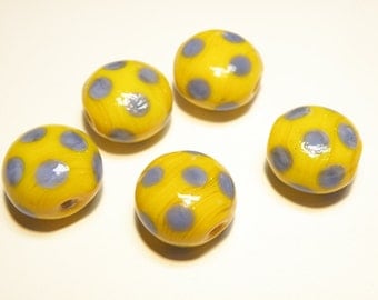 DESTASH -- Five (5) Opaque Glass Polka Dot Lentil Beads - Golden Yellow and Periwinkle Blue --- Lot 3J