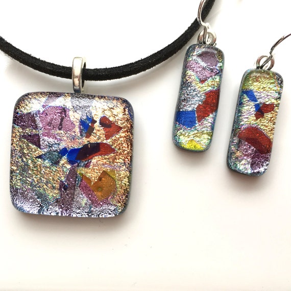 Fused Dichroic Glass Necklace and Earrings Set Pink Gold