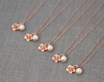Spring Bridesmaid Necklace, Rose Gold Necklace Wedding Party, Bridesmaid Gift Set of 7, Bridesmaid Flower Jewelry