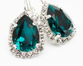 Earrings, Emerald Green Earrings, Vintage Style Drop Leverback, Rhinestone Swarovski Earrings, Bridal, Bridesmaid, Victorian Wedding Jewelry