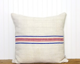 Antique Grain Sack Pillow Cover - Stripe Pillow - Decorative Pillow - Red-Blue Stripe - Cottage - Farmhouse Decor - Beach House - Reversible