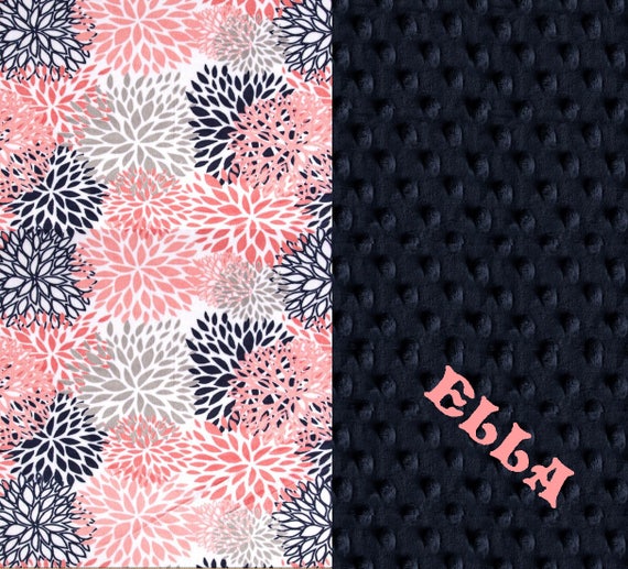 Baby Blanket / Personalized Baby Blanket Girl - Blooms Flowers Navy Gray Coral Stroller Blanket - Nursery Decor // Name Baby Blanket