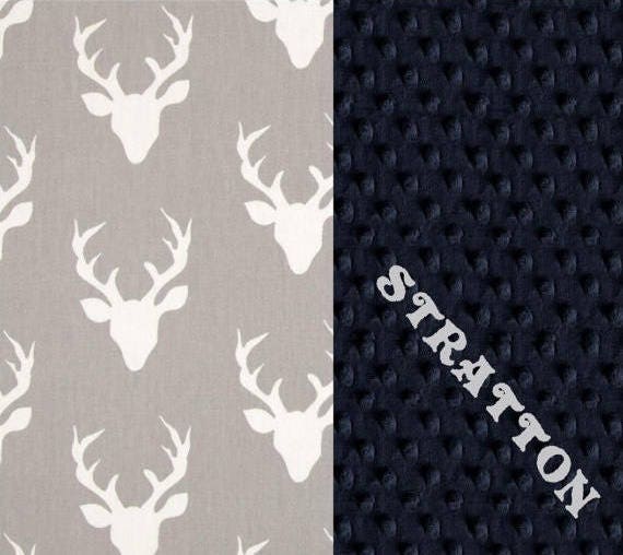 42 x 55 Crib Size Cotton Minky Boy Baby Blanket, Personalized Navy Blue Deer Gray // Deer Blanket // Name Baby Blanket // Gray Blanket