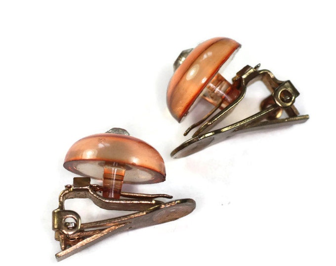 Apple Juice Lucite Earrings Rhinestones Shoe Button Clip On Style Vintage