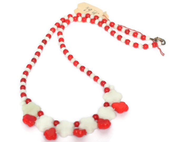 Red and White Floral Bead Necklace Czech Bohemian New Old Stock