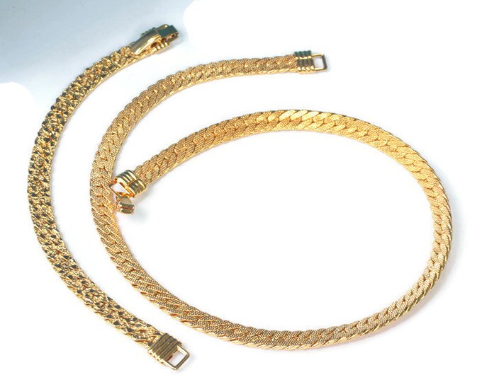 Gold Plated Necklace Bracelet Set Textured Herringbone Link Vintage