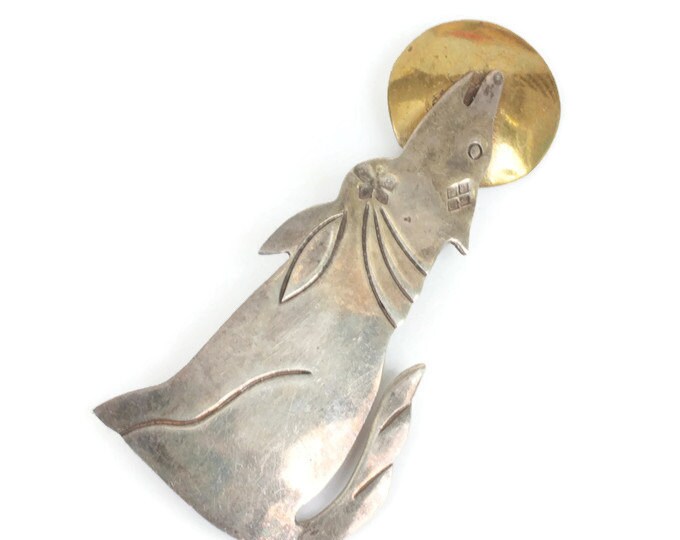 Howling Coyote Brooch Sterling Brass Mixed Metal Mexico Vintage
