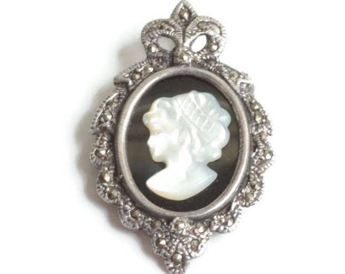 MOP Cameo Marcasite Sterling Pin or Pendant Vintage