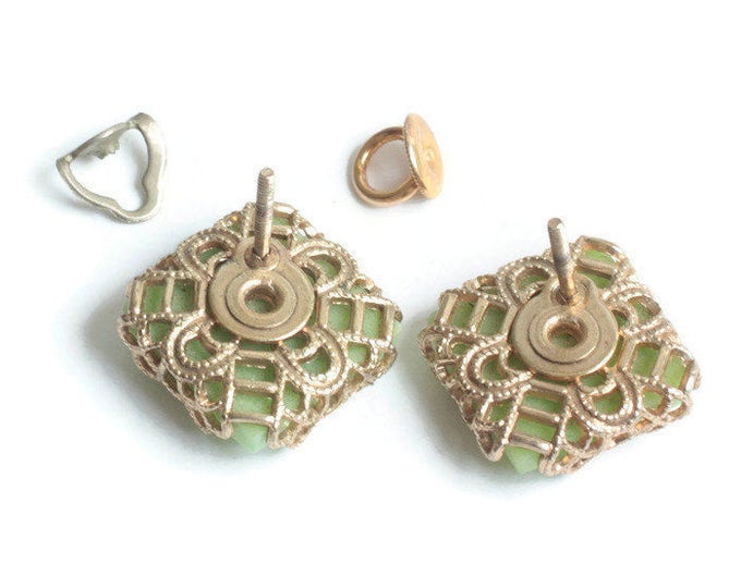 Green Molded Glass Earrings Filigree Accents Threaded Posts Vintage