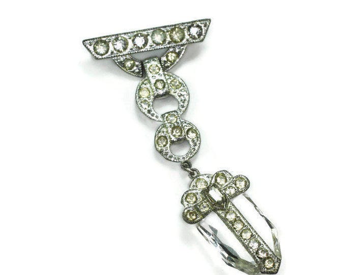 Art Deco Crystal Dangle Brooch Clear Rhinestones Vintage