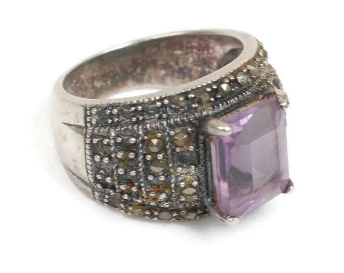 CIJ Sale Amethyst Sterling and Marcasite Ring Size 6 3/4 Vintage TLC