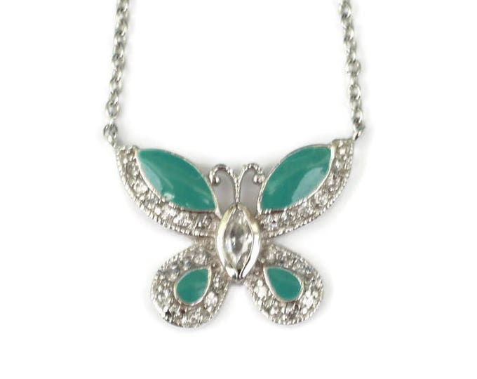 Enameled Butterfly Pendant Necklace Green Enamel Crystals Signed FAS Vintage