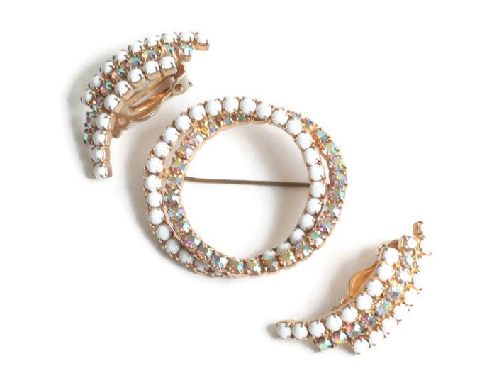 White Milk Glass and AB Rhinestone Circle Brooch Tara Vintage