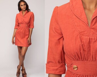 Corduroy Dress 70s Mini Dress Babydoll Bohemian Mod Salmon Orange 1970s Boho 1/2 Puff Sleeve Empire Waist Vintage MiniDress Extra Small xs