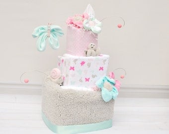 Diaper Cake for Baby Girl, Unique Diaper Cake, Baby Girl Gift, Baby Shower Gift, Butterfly Baby Shower, Bird Baby Shower, Modern Cake