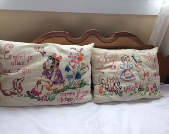 Vintage Hand Embroidered Pillows with German Sayings