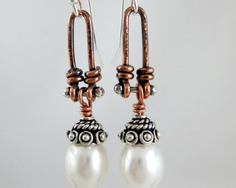 Pearl, Sterling Silver, and Copper Hinge Earrings