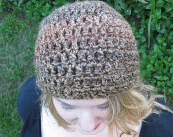 Beanie Hat, Brown Crochet, Vegan, Soft, Washable