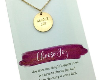 Choose Joy Necklace, Choose Joy Jewelry, Matte Gold or Silver stamped charm, Inspirational jewelry gift, carded necklace with message quote