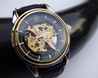 Luxury Mechanical Wrist Watch, Black Leather Wristband - Automatic - Men's Watch - Groomsmen Gift - Black & Gold Watch, Item MWA100a