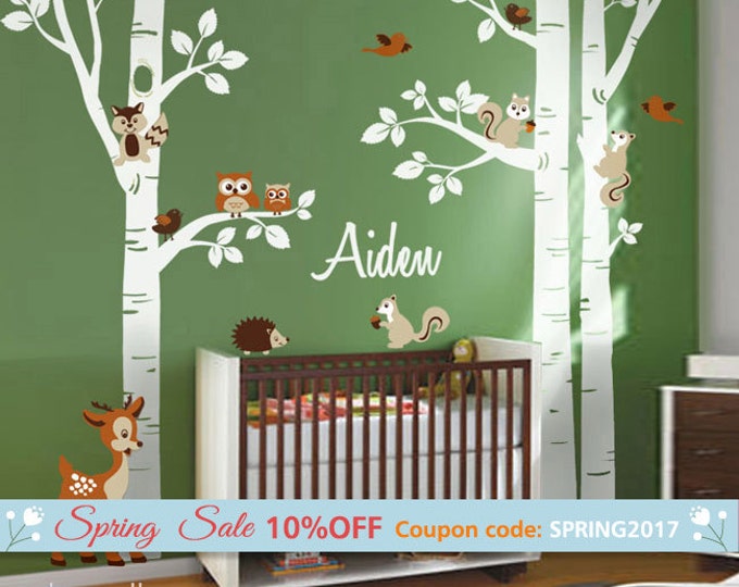 Forest Animals Birch Trees Wall Decal for Nursery, Woodland Animals Wall Decal, Forest Animals Wall Decal, Baby Room Sticker, Owl Deer Decal