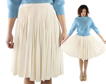Vintage 60s Pleated Skirt Ivory Full Sweep High Waisted 1960s Preppy Rockabilly Pinup Fashion X-SMall