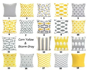 Gray Yellow White Pillow Covers, Decorative Throw Pillows, Yellow Grey Cushions, Couch Bed Sofa Pillows, One or More Mix & Match ALL SIZES