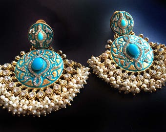 Gold Kundan earrings,Gold indian Jewellery,Pearl Earrings Large,Chandelier earrings,Royal ethnic jewellery,mughal Jewelery by Taneesi YEC774