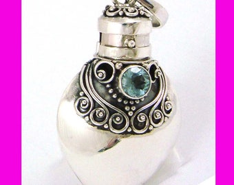 Sky Blue Topaz March December birthstone Sterling silver Heart Locket Prayer Box bottle Pendant with PR8