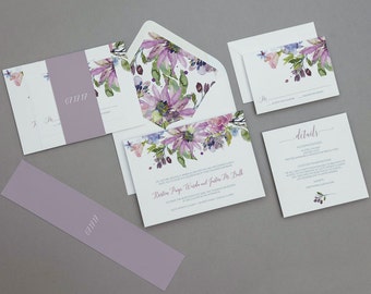 Modern Rustic Lilac Floral Wedding Invitations,Rustic Boho Floral Wedding Invite,Modern Floral Wedding Invitation,Boho Purple Floral Wedding