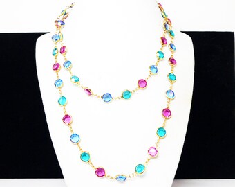 Austrian Crystal Necklace - Bezel Set Round Multi Colored Jewel Tone Links - Choker Length - European 1960's - 1970's Mod Vintage