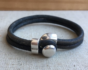 LEATHER CUFF bracelet. Dark GRAY distressed leather with silver half cuff button clasp.