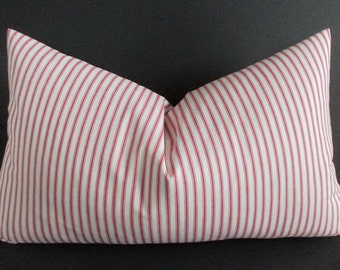 Pillow Cover Lumbar Woven Red & White Ticking Stripes
