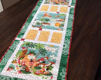 Reserved for Clara - Handmade Quilted Table Runner - 17" x 52" - Christmas - Santa - Tropical - Hawaii - Table Linen - Homemade - Cotton