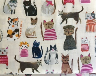 Cat Fabric Hot Dogs and Cool Cats by Carolyn Gavin for Windham Fabrics in Pink GOTS Certified Organic Cotton White Cream Background