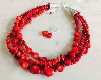 Natural red coral chunky statement necklace earrings set, big bold, multi-strand, beaded, gift idea, natural gemstone, handmade